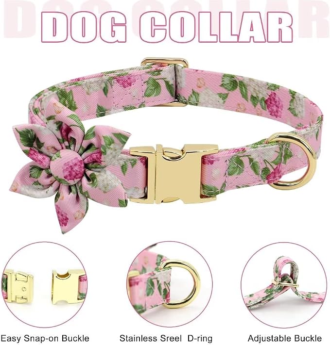 Beirui Cute Dog Collars,Harnesses,Leashes Set, Floral Pattern, Pink,M | Girl Dog Harness Set with Flower, Adjustable and Soft Mesh Lining, For Medium Dogs Daily Walks