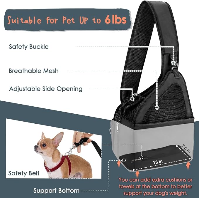 SlowTon Dog Sling Carrier, Hands Free Hard Bottom for Small Dogs up to 11lb | Breathable Mesh Support, Adjustable Padded Strap, with Pocket Safety Belt, Machine Washable, for Small Animal Puppy, Black