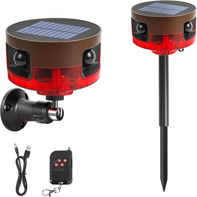 Solar Outdoor Motion Sensor Alarm-Dog Barking or Gunshot Sound, 130dB Noise, 13 Sounds & 360° Motion Detector Alarm Support Recording, with Remote Controller for Home, Villa,Yard,Chicken coop