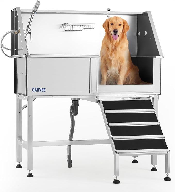Garvee 46 Inch Stainless Steel Dog Washing Station with Walk-in Ramp, Heavy Duty Pet Grooming Bathtub, Brushed Finish, Right Door Options | 46" Brushed Stainless Steel Heavy Duty Dog Grooming Tub with Walk-in Ramp, Rustproof, for Large Dogs, Salon & Home