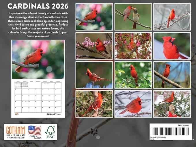 Cardinal Calendar 2026 Wall Monthly Cardinals Gifts For Cardinal Lovers Women Men | American Made In The USA