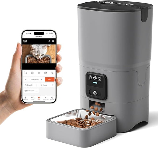 PAPIFEED Automatic Cat Feeder with Wide-Angle Camera, WiFi Pet Feeder with APP Control for Remote Feeding, Detachable for Easy Clean, Dual Power Supply,1-10 Meals Per Day for Multiple Pets(Gray)