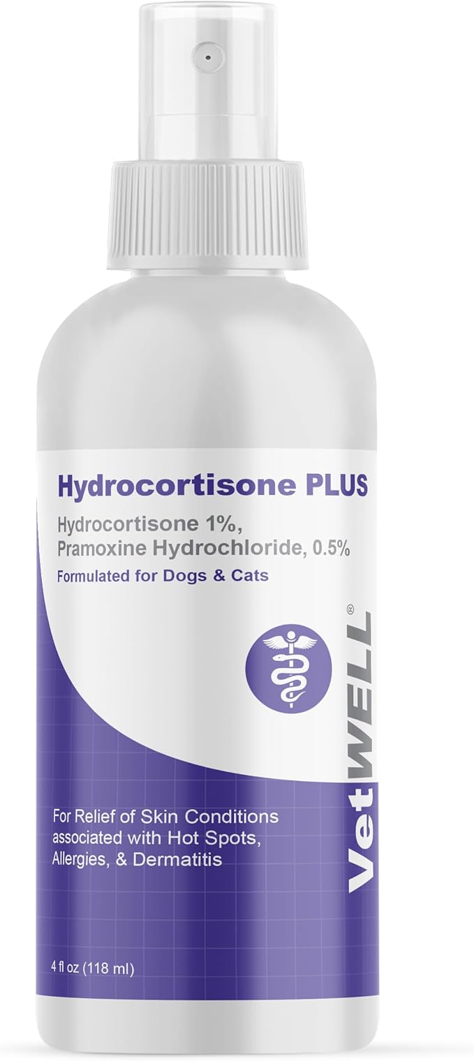 VetWELL Hydrocortisone Spray for Dogs & Cats - Itchy Skin Relief from Hot Spots, Bites, Scrapes, Irritated Skin, & Dermatitis - 4 oz Anti Itch Spray with Pramoxine