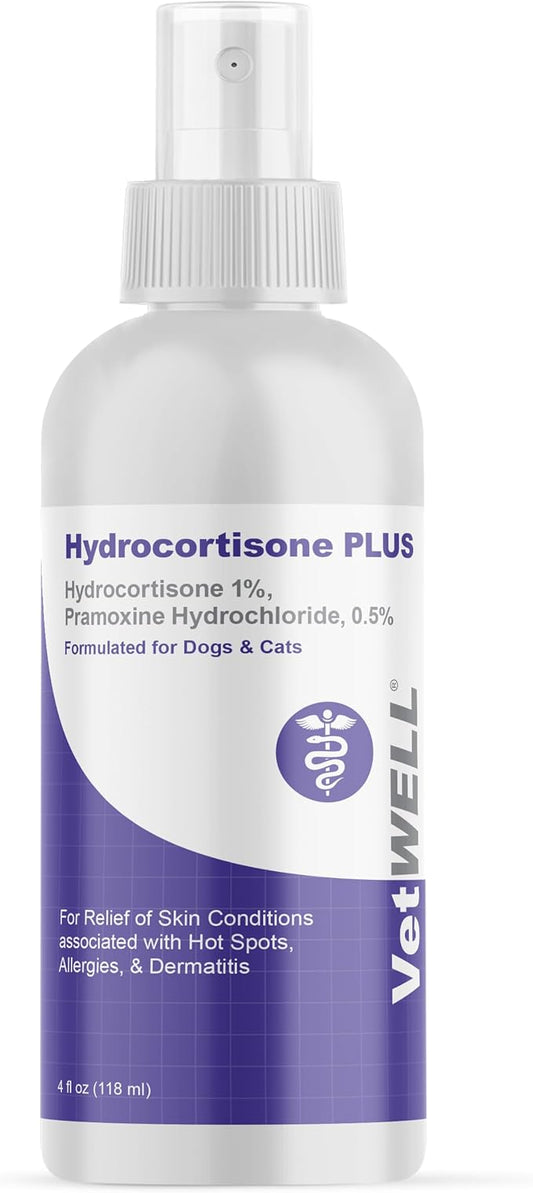 VetWELL Hydrocortisone Spray for Dogs & Cats - Itchy Skin Relief from Hot Spots, Bites, Scrapes, Irritated Skin, & Dermatitis - 4 oz Anti Itch Spray with Pramoxine