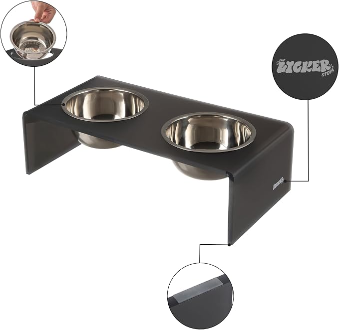 DBL2001J Keaton 7.5" Medium/Large Modern Acrylic Rectangular Elevated Pet Feeder with 54oz 2-Stainless Steel Bowls, Dark Gray/Chrome