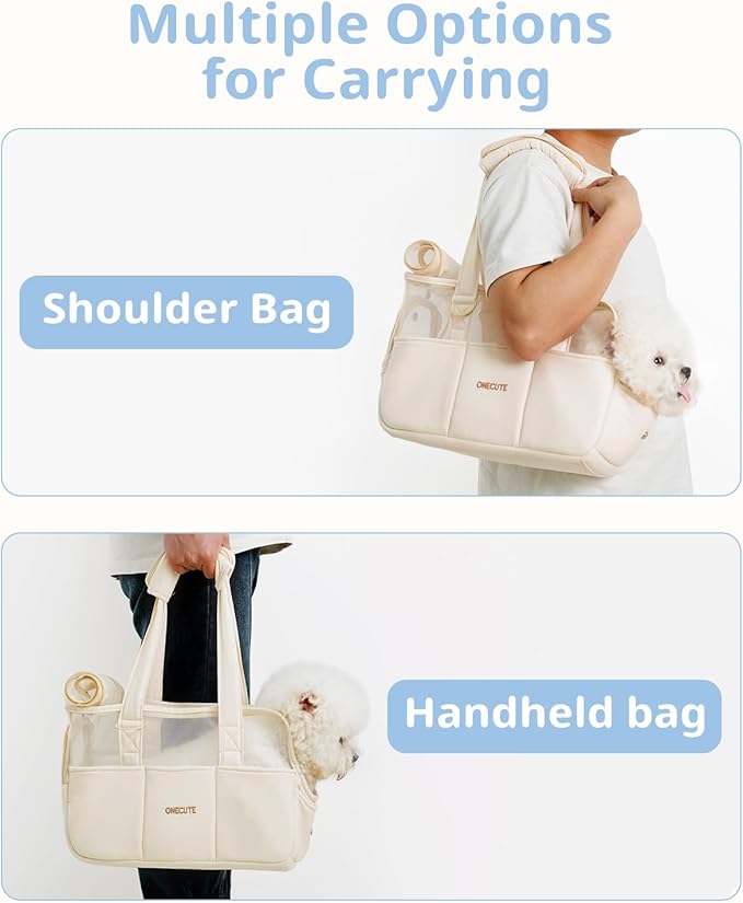 ONECUTE Dog Purse Carrier for Small Dogs Rabbit cat with Large Pockets, Cotton Bag, Dog Carrier Soft Sided, Collapsible Travel Puppy Carrier (Beige Breathable, 13.6" L x 6.5" W x 10.0" H)