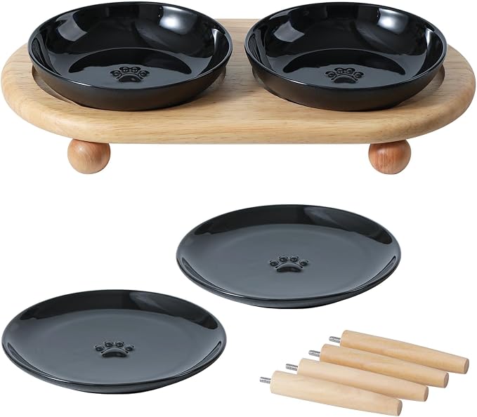 Havniva Elevated Cat Bowls, Cat Food and Water Bowl Set, Ceramic Cat Bowl | Raised Cat Food Bowls, Whisker Friendly, 5.6” Shallow Cat Dishes + 6” Wide Cat Plates, Non-Slip Wood Stand, Two Heights