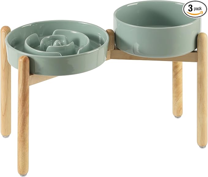Havniva Elevated Slow Feeder Dog Bowls, Ceramic Dog Bowl Slow Feeder Set | 3.2 Cups Raised Slow Feeder Dog Bowl for Large Breed, 8.2” Dog Water Bowl with Wooden Stand, Puzzle Dog Food Bowl, Non-slip