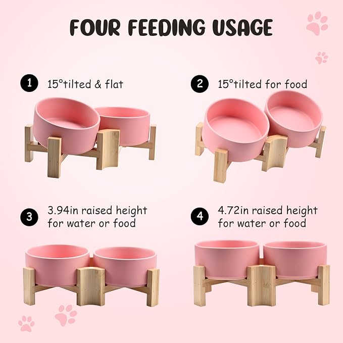 SPUNKYJUNKY 15° Slanted Ceramic Dog and Cat Bowl with Wooden Stand, Tilted Bulldog Food and Water Bowl No Slip Non-Spill for Cats Medium Dogs Big Face Pets 28.7 OZ (3.6 Cups, Pink × 2)