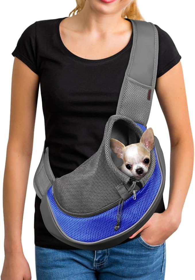 YUDODO Pet Sling Carrier for 5-9 lbs Small Dogs Cat Puppy Crossbody Carrier | Hands-Free, Safety Hook, Large Zipper Pocket, Soft Breathable Mesh, Adjustable Strap, Reflective Strip, Blue, M