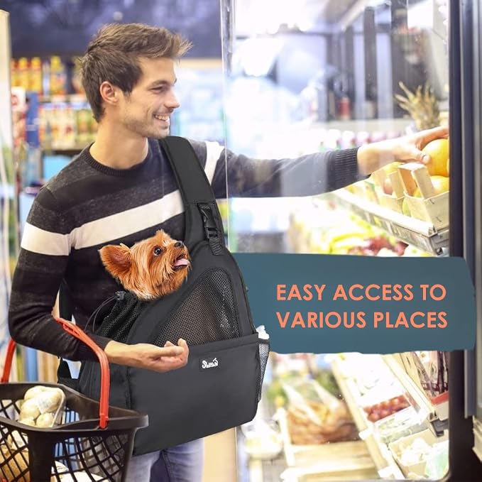 SlowTon Dog Sling Carrier, Hands Free Hard Bottom for Small Dogs up to 11lb | Breathable Mesh Support, Adjustable Padded Strap, with Pocket Safety Belt, Machine Washable, for Small Animal Puppy, Black