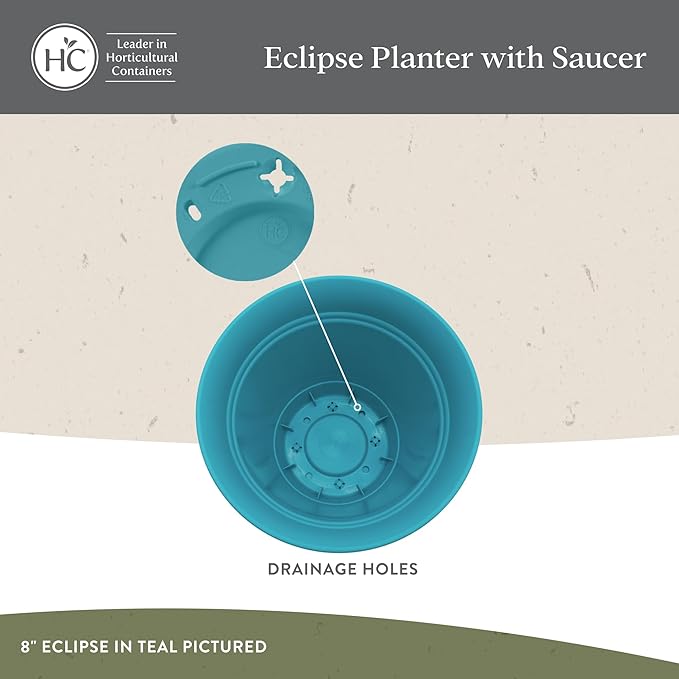 The HC Companies 8 Inch Eclipse Round Planter Pots with Drainage Holes & Attached Saucer, Lightweight UV-Resistant Plastic Indoor & Outdoor Planters, 4-Pack Flower Pots for Garden & Home Decor, Teal