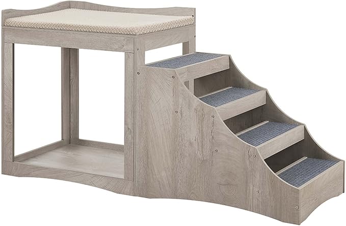 unipaws Large Pet Bunk Bed with Removable Step for Dogs and Cats | Multi-Level Bed Window Perch Seat Platform with Cushion, Indoor Use, Grey