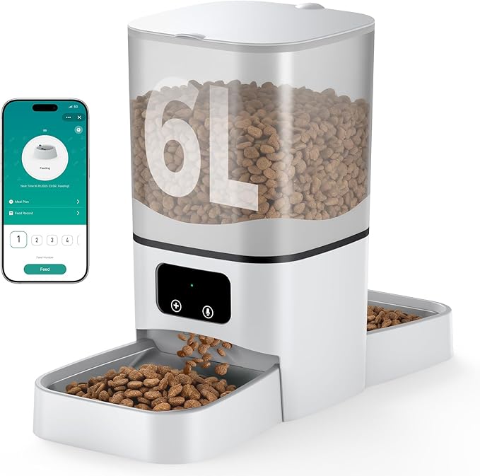 Automatic Cat Feeder 2 Cats, 6L Automatic Cat Food Dispenser with 2 Stainless Steel Bowls, Timed Dry Food Dispenser with APP Control for Cats and Dogs, Dual Power Supply, 10s Voice Recorder
