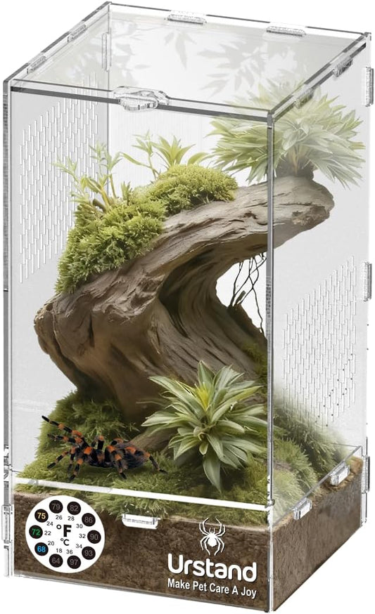 Jumping Spider Enclosure, Front-Opening Acrylic Spider Terrarium with Magnetic Door,Laser-Cut Biomimetic Ventilation System, Escape-Proof for Feeder Insects (6.5"x6.5"x12")