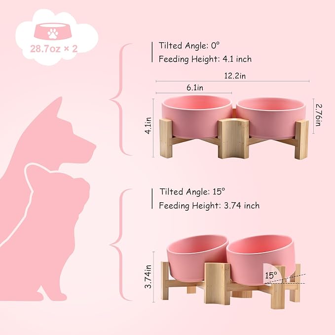SPUNKYJUNKY 15° Slanted Ceramic Dog and Cat Bowl with Wooden Stand, Tilted Bulldog Food and Water Bowl No Slip Non-Spill for Cats Medium Dogs Big Face Pets 28.7 OZ (3.6 Cups, Pink × 2)
