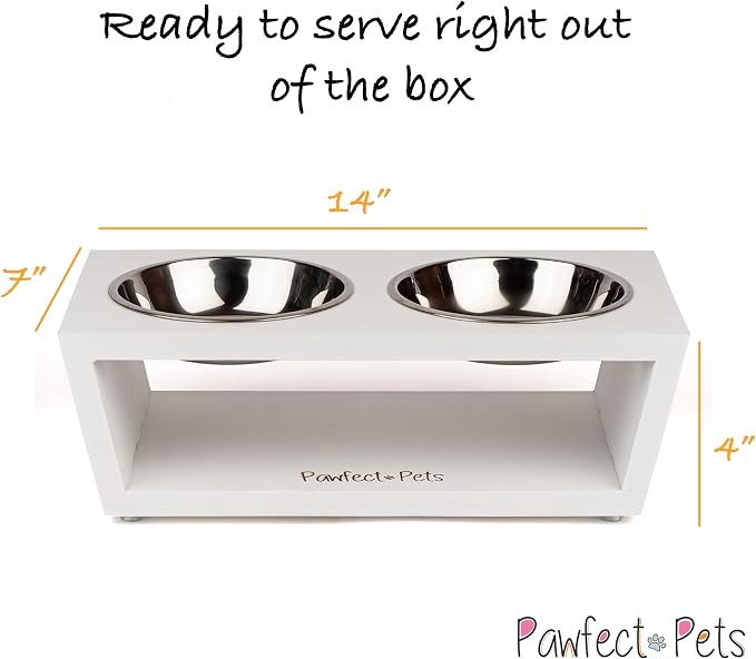 4" Tall Elevated Dog Bowls for Small Dogs and Cats. Raised Dog and Cat Food and Water Bowl Set by Pawfect Pets (White)