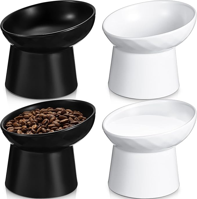 4 Pcs Ceramic Raised Cat Bowls, Elevated Tilted Cat Bowl for Food Water, Stress Free, Backflow Prevention, Dishwasher Microwave Safe, Feeder Dish for Indoor Kitten, Small Dogs(White and Black)