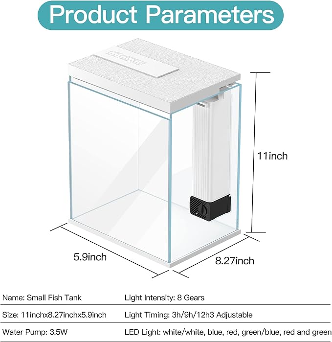 Pronetcus Betta Fish Tank, 2 Gallon Glass Aquarium Starter Kit, Small Fish Tank with Filter and Light.(White)