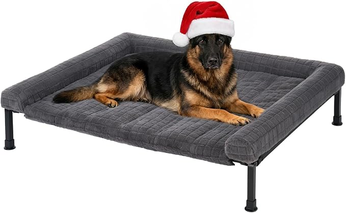 Veehoo Elevated Dog Bed with Fluffy Plush Bolster Cushion, Dog Couch Bed | Cooling Raised Dog Bed for Large Dogs, Washable Orthopedic Pet Cot with Removable Mat, Breathable Mesh, Non-Slip, 45", Grey