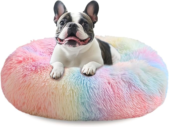 JOLLYVOGUE Calming Dog Bed Medium Size Dog, 31in Donut Washable Medium Pet Bed, Anti-Slip & Anti-Anxiety Fluffy Faux Fur Round Dogs Bed, Fits up to 45 lbs Pets (Rainbow)