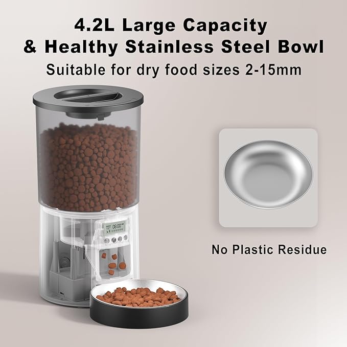 Automatic Cat Feeder 4.2L,6 Meals/Day,Dual Power Portion Control Feeder,Dry Pet Food Auto Dispenser,Timer Setting,10S Voice Record (Transparent Black, Stainless Steel Bowl)