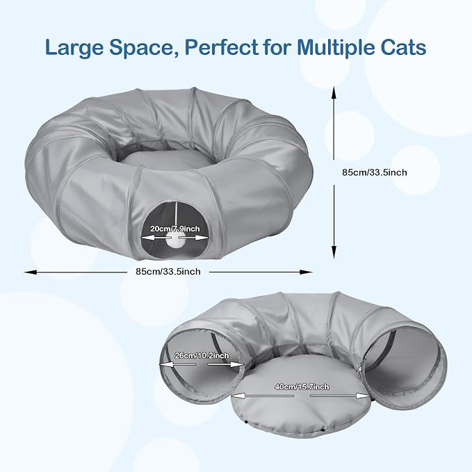 Cat Tunnel Bed with 2Pcs Interactive Toys, 3-in-1 DIY Collapsible Plush Cat Tube with Washable Mat, Large Indoor Play Tunnel Cave for Kittens and Small Animals