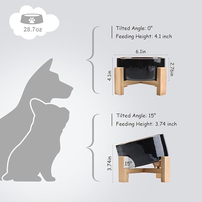 SPUNKYJUNKY 15° Slanted Ceramic Dog and Cat Bowl with Wooden Stand, Tilted Bulldog Food and Water Bowl No Slip Non-Spill for Cats Medium Dogs Big Face Pets 28.7 OZ (3.6 Cups, Starry Blue)