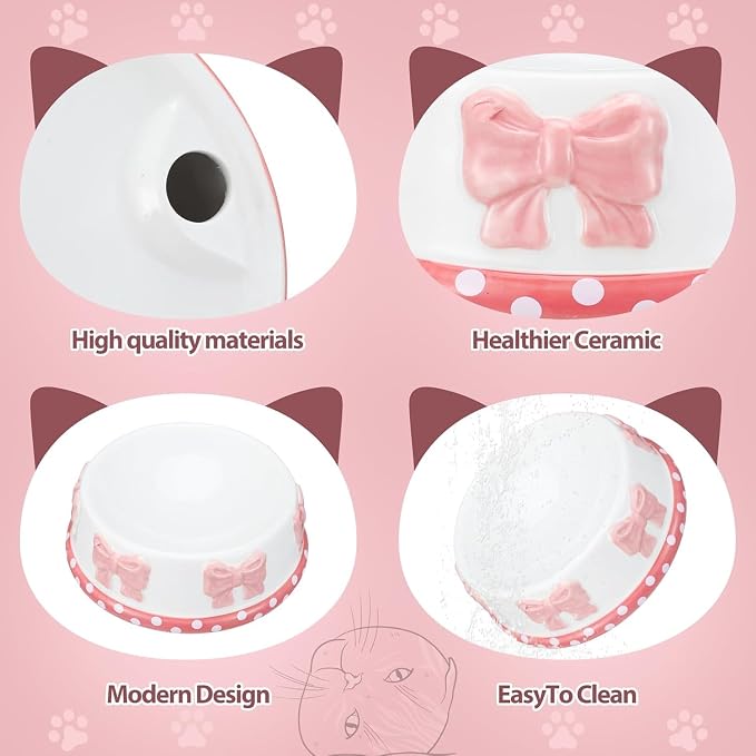 Reallnaive 2 Pcs Pink Bow Ceramic Bowl for Small Dog and Cat Cute Bowtie Pet Bowl for Food Water Macaron Pink Dish Pets Feeding Bowls Suitable Small Cat Dogs