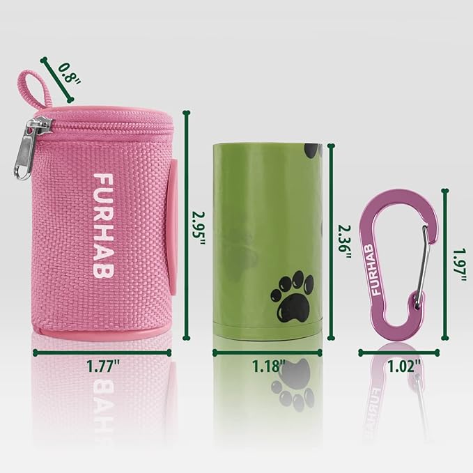 FURHAB Dog Poop Bag Holder for Leash Doggie Waste Bag Dispenser Soft Fabric Puppy Potty Carrier Small Doggy Zipper Pouch with Carabiner Clip 1680D Nylon Oxford with 1 Roll of Pet Trash Bags, Pink