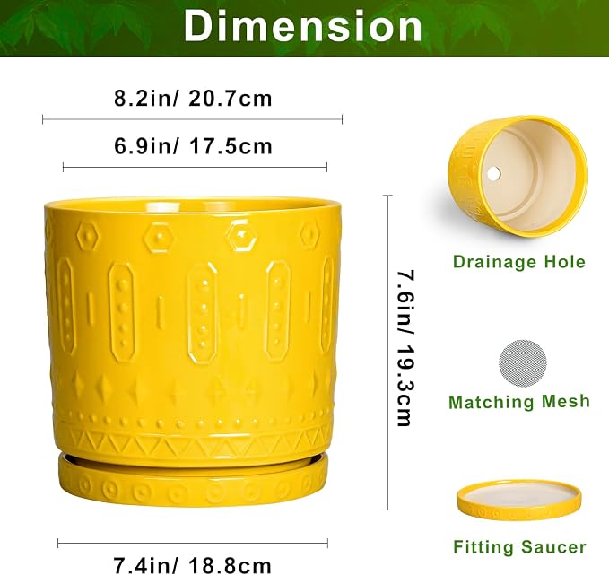 Eightpot 8 Inch Plant Pot, Ceramic Pots for Plants with Drainage Hole and Sacuer, Round Flower Pots for Indoor Outdoor Plants, Modern Decorative Planter, Table Decor, Plant Gifts for Women, Yellow