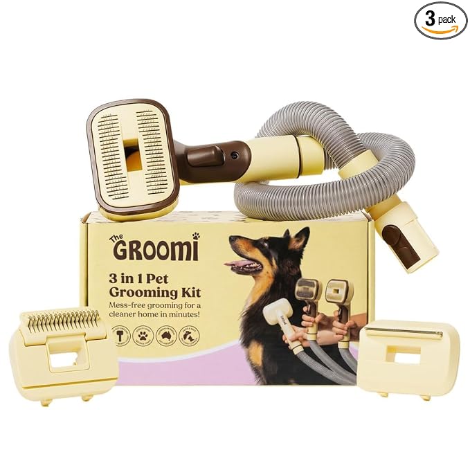 GROOMI Vacuum Pet Brush Kit – 3‑in‑1 Dog & Cat Grooming Tool, Self‑Cleaning Deshedding Brush & Pet Hair Remover, Universal Vacuum Attachment Including Dyson, Short, Medium & Long Fur, All Breeds