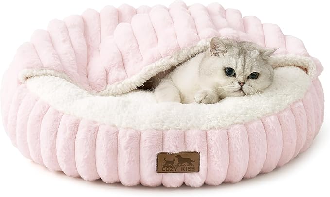 Cat Bed with Hooded Blanket, Round Fluffy Anti-Anxiety Pet Bed for Cats/Toy Breed Dogs, Cozy Donut Cuddler with Machine Washable Faux Fur & Anti-Slip Bottom(20"×20"×6",Pink)