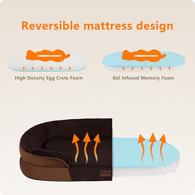 Dwanton Orthopedic Dog Bed for Medium Dogs with Gel Memory Foam, Waterproof Dog Sofa, Washable Pet Bed with Four Sided Bolster Cushion, Removable Cover & Non-Slip Bottom, 36", Brown