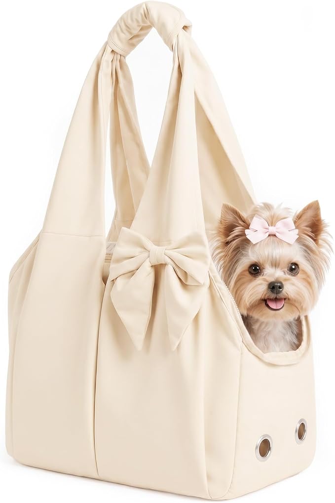 Fashion Dog Purse Carrier for Small Dogs, Soft-Sided Dog Bag Carrier with 4 Large Pockets, No Collapse, Lightweight, Smart Zipper Lock, Comfortable Puppy Cats Rabbit Carrier for Travel,Outdoor(Beige)