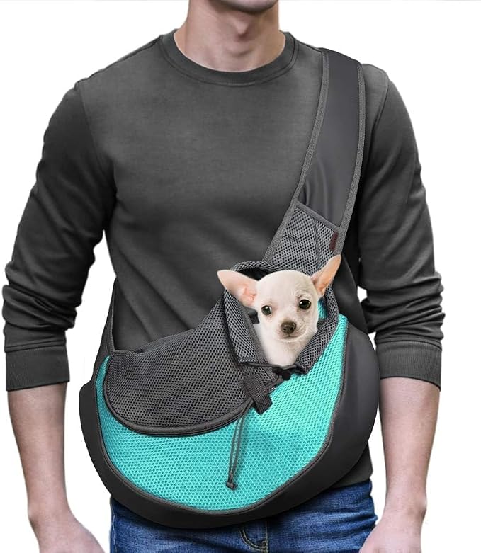 YUDODO Pet Sling Carrier for 5-9 lbs Small Dogs Cat Puppy Crossbody Carrier | Hands-Free, Safety Hook, Large Zipper Pocket, Soft Breathable Mesh, Adjustable Strap, Reflective Strip, Cyan, M