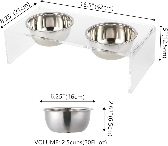 DBL2000A Keaton 5" Small/Medium Modern Lucite Rectangular Elevated Pet Feeder with 20oz 2-Stainless Steel Bowls, Clear/Chrome