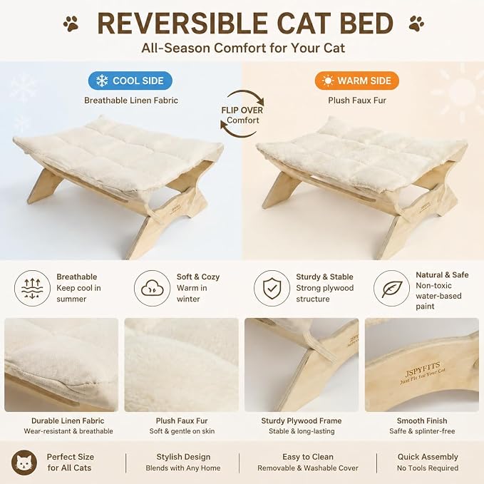 JSPYFITS Elevated Cat Bed Hammock, Raised Cat Bed with Dual-Sided Plush & Linen Cushion, Machine Washable & Breathable Cover Tool Free Easy Assembly, up to 66Lbs (White)
