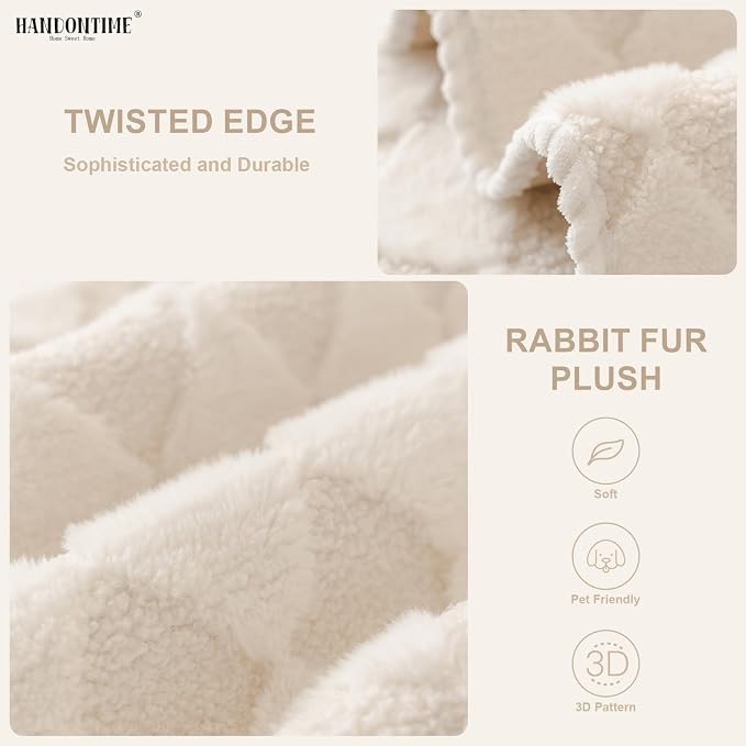 HANDONTIME Non-Slip Pet Couch Cover Washable, Plush Faux Fur Couch Protector for Cushion Pet-Friendly Sofa Covers for Dogs, Checkered Diamond Sectional Covers Dog Mat for Sofa (Ivory, 35.6" x 94.5")