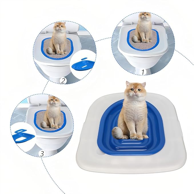 Cat Toilet Training Kit – Litter Box Alternative with Tray, Reusable Potty Seat Adapter for Cats & Kittens, Hygienic Flushable Urinal, Includes Step by Step Trainer Seat(Blue)