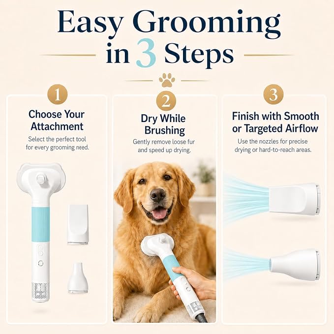 Pet Hair Dryer with Grooming Brush, Dog Blow Dryer, 3-in-1 Cat Blower, Blue | 110,000 RPM Pet Blower with One-Click Hair Removal, 3 Heat & 2 Speed Settings for Professional Home Grooming