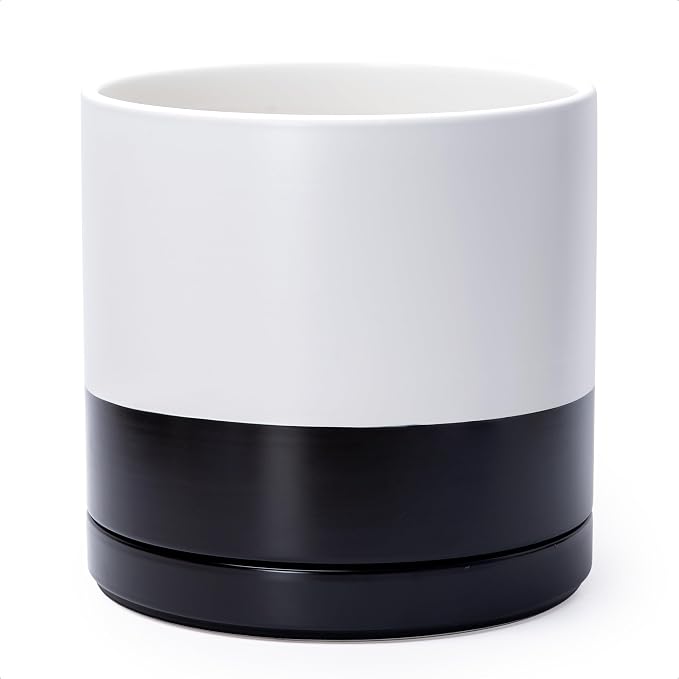 D'vine Dev 12 Inch Ceramic Planter Pot, Black White Two Tone, 94-O-F-L | Modern Cylinder Design, Drainage Hole & Saucer Included, Stable Structure, Elegant Home Accent