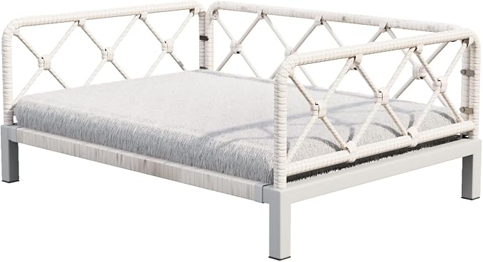 Elevated Indoor & Outdoor Dog Bed for Small Dogs, Durable Rattan Wicker Pet Sofa with Removable Washable Waterproof Cushion, Stylish Dog Couch, White Rattan/Grey Mat