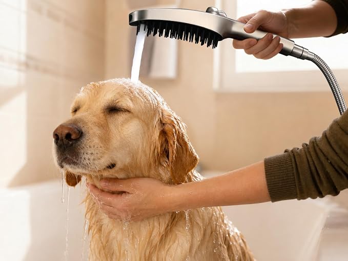 G-Promise 3 Mode Dog Shower Attachment with Pause Mode | High Pressure, Built-In Brush for Wash & Groom, Extra Long Hose, Easy Install, for Indoor & Outdoor Use