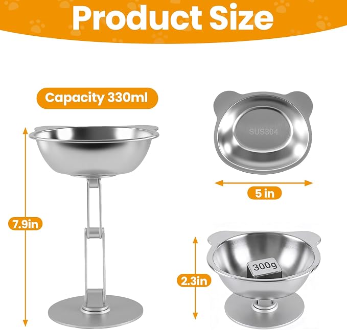 BEAVE NIUNIU Adjustable Elevated Cat Bowl Single Stand Tilted Feeder | 330ml Wide SS Bowl, 7.9in Max Height, Ergonomic Feeder for All Cats & Small Dogs