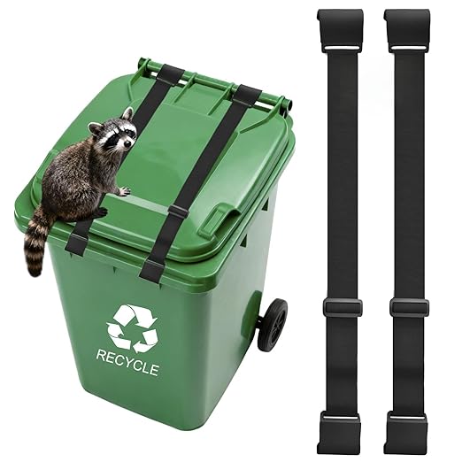 Lot de 2 verrous de poubelle anti-animaux avec double crochet en métal, sangle réglable pour poubelles de 106 à 363 litres, protection de couvercle de poubelle extérieure contre les ratons laveurs, les écureuils, avec boucle sécurisée