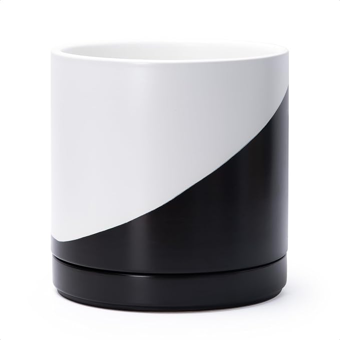 D'vine Dev 10 Inch Ceramic Planter Pot, Black White Diagonal, 94-O-E-K | Modern Cylinder Design, Drainage Hole & Saucer Included, Stable Structure, Elegant Home Accent