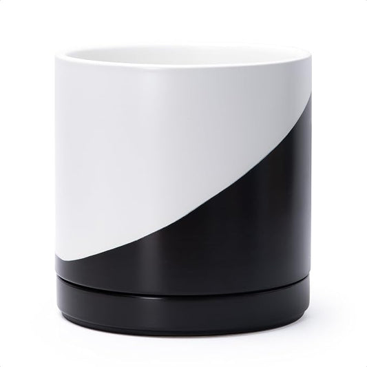 D'vine Dev 10 Inch Ceramic Planter Pot, Black White Diagonal, 94-O-E-K | Modern Cylinder Design, Drainage Hole & Saucer Included, Stable Structure, Elegant Home Accent