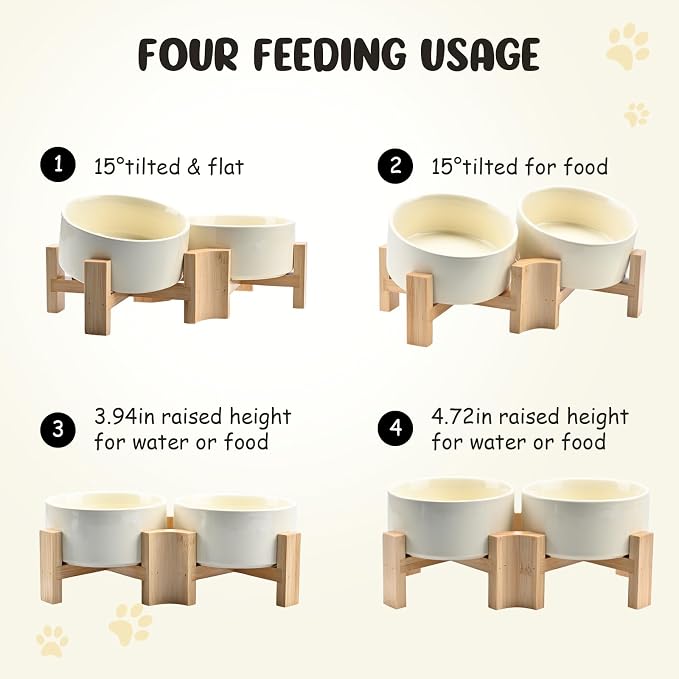 SPUNKYJUNKY 15° Slanted Ceramic Dog and Cat Bowl with Wooden Stand, Tilted Bulldog Food and Water Bowl No Slip Non-Spill for Cats Medium Dogs Big Face Pets 28.7 OZ (3.6 Cups, Beige × 2)