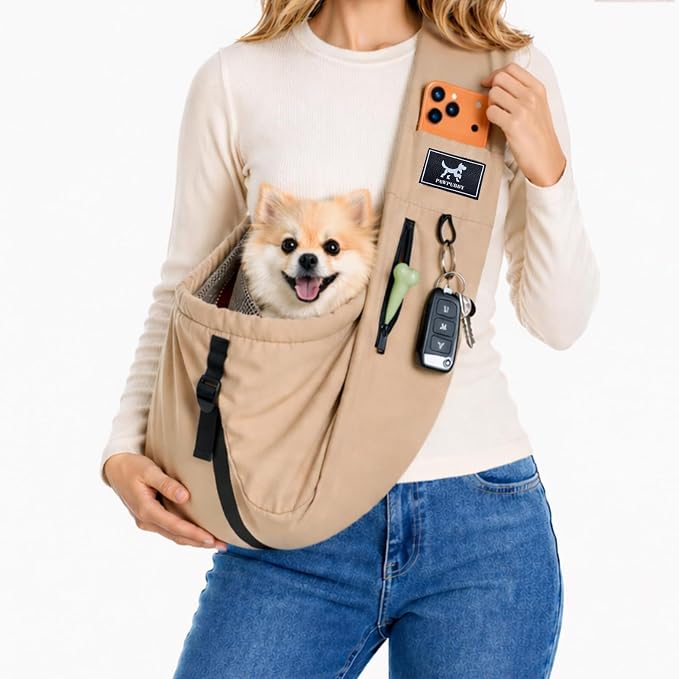 Dog Sling Carrier for Small Dogs & Cats 5-20 lbs, Adjustable Depth | Breathable Air Mesh Puppy Sling, Water-Resistant Travel Bag, Double Safety Leash, Machine Washable, Hands-Free Pouch, Caramel